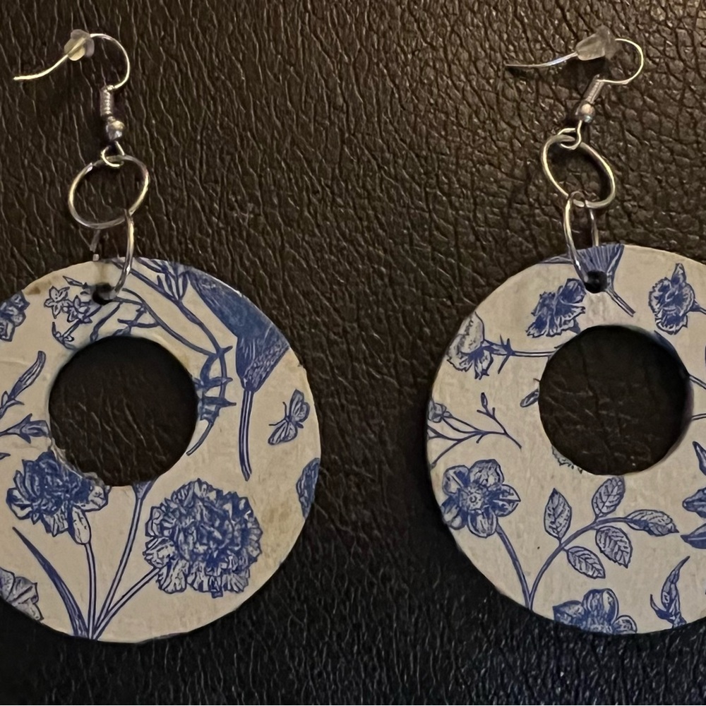Floral Blue and White Hoop Earrings